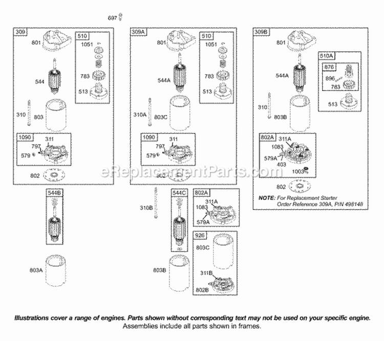 Electric Starter Diagram and Parts List for 42B707-2265-E1  Briggs and Stratton Engine
